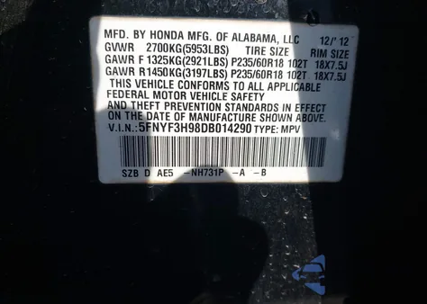 2013 Honda Pilot Touring из США, поврежденный, VIN 5FNYF3H98DB014290